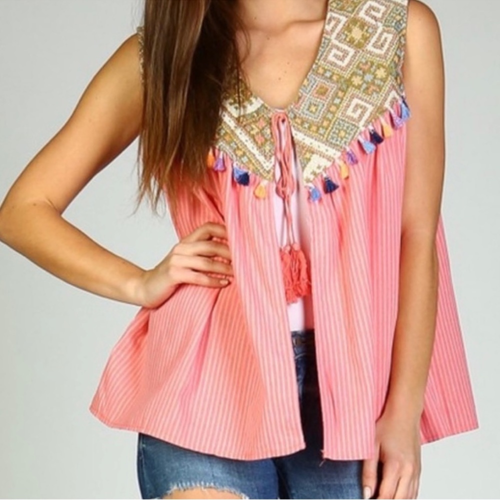 Velzera Colorful Boho Open Front Tie Vest Top W Tapestry Yoke Size S